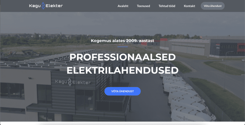 Kaguelekter.ee kodulehe avavaade - Kagu Elektri kontor koos bussidega taustal